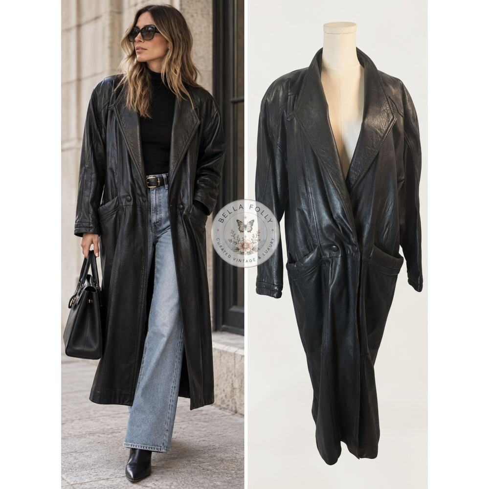 Vintage 80s 90s Wilsons Black Leather Long Duster Trench Coat Large EUC